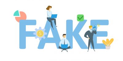 FAKE. Concept with keywords, letters, and icons. Colored flat vector illustration. Isolated on white background.