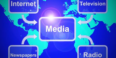 Media concept icon means communication and broadcasting through multimedia. Journalistic and newsworthy coverage - 3d illustration