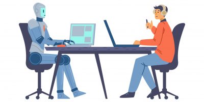 Smart businessman robot works with employer in office on laptop, artificial intelligence machine in workplace. Android, man cooperate together as team. Flat vector illustration isolated on white