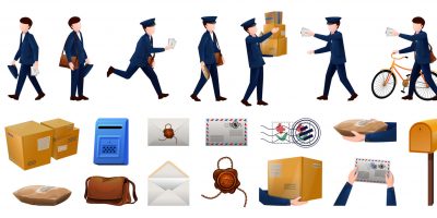 Postman icons set cartoon vector. Mailman carrier. Postie postboy