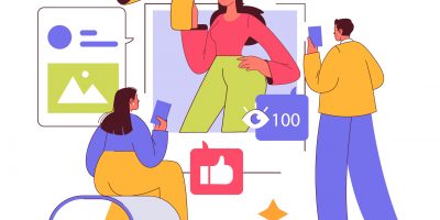 Influencer Marketing concept. Digital promotion through social media personalities engaging with followers. Online brand endorsement scene. Vector illustration.
