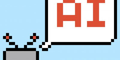 Cartoon pixel art of humanoid robot learning toy robotic engineer bot machine business vector character automation electronic background 8 bit artificial intelligence art.